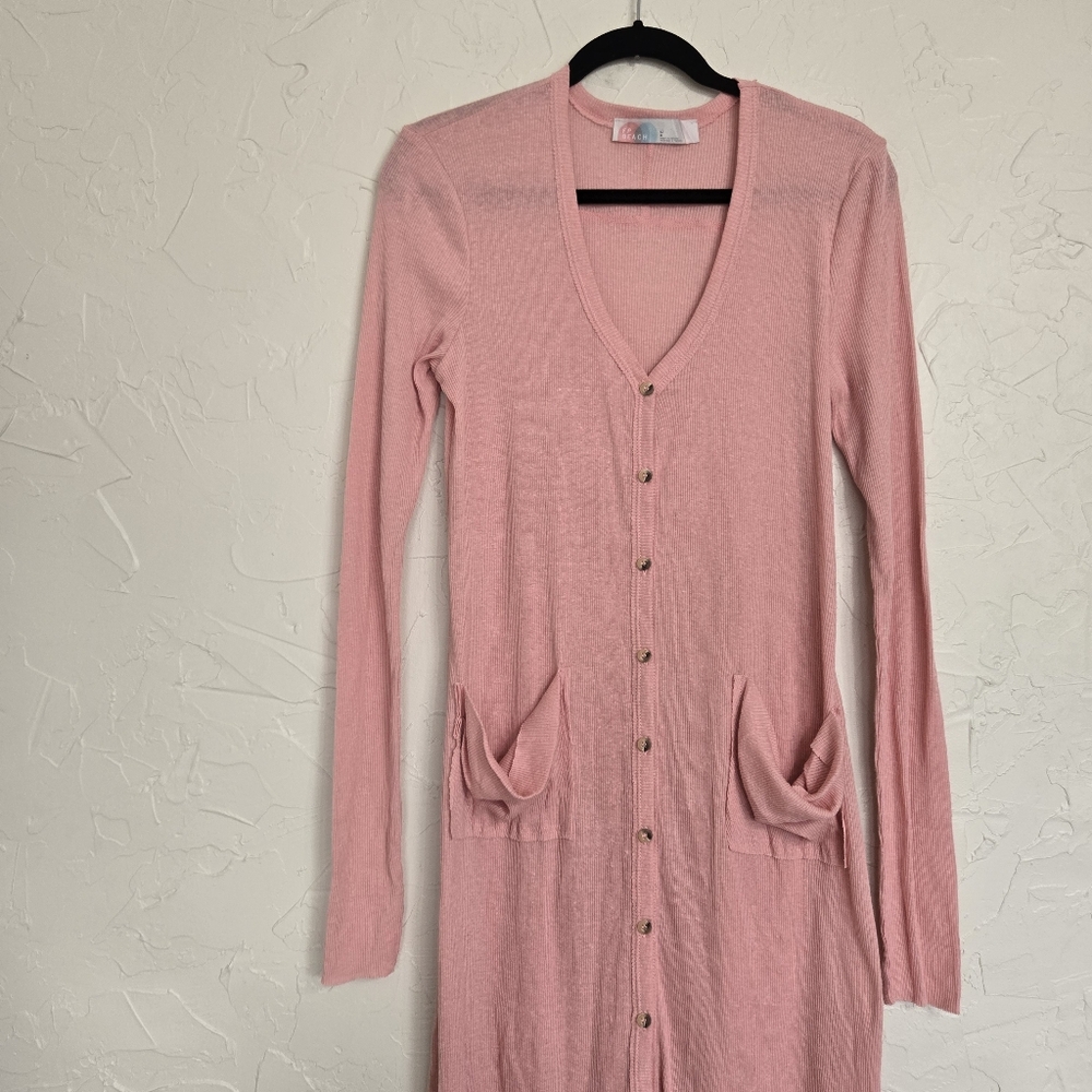 Free People Ribbed Lightweight Button Up Pink Dusted Sweater, L - Picture 3 of 11